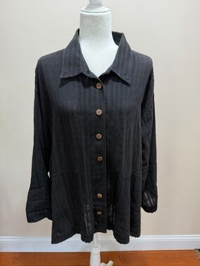Yasuko Kurisaka Black Woven Stripe Cotton Long Sleeve Button Down Top OS